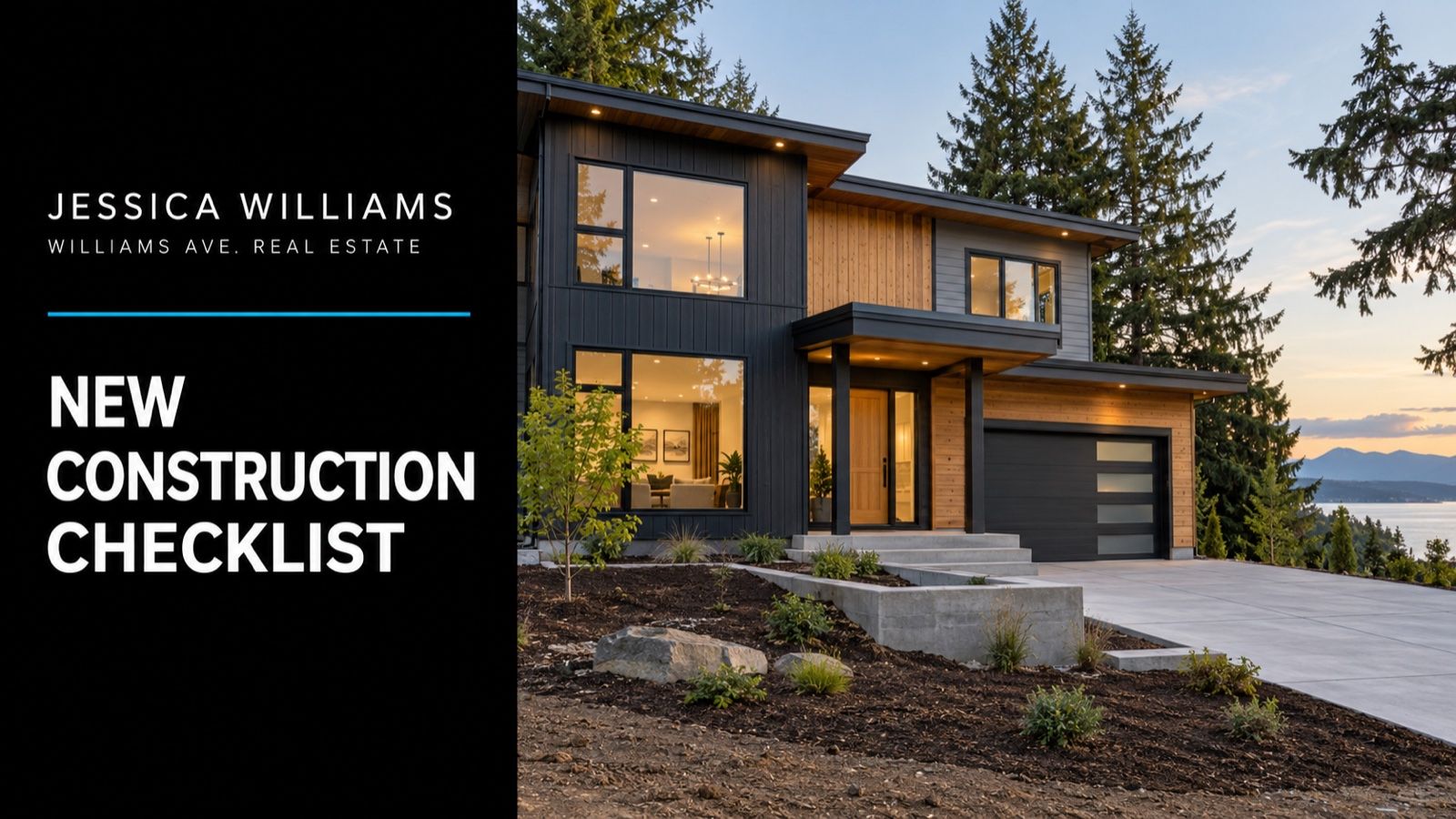 Conceptual illustration of newly completed modern Northwest home with clean siding and unfinished garden beds, no builder branding; New Construction Checklist editorial cover.