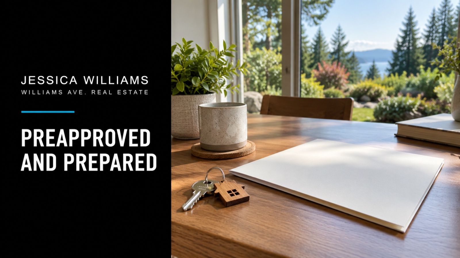 Conceptual illustration of blank mortgage folder beside house keys, bright window overlooking a Northwest residential garden; Preapproved And Prepared editorial cover.