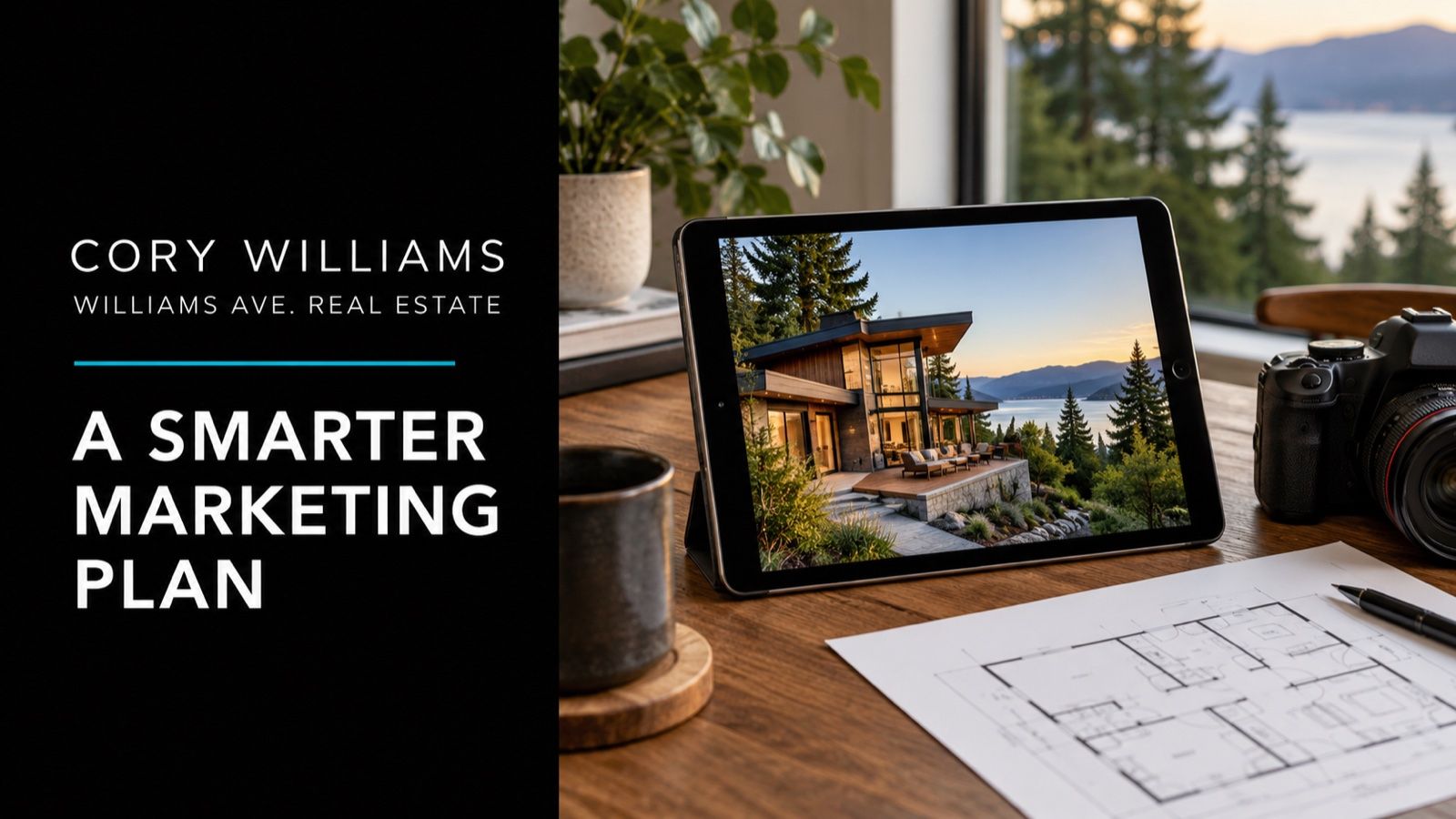 Conceptual illustration of Northwest home visible on generic unbranded tablet beside professional camera and blank printed floor plan; A Smarter Marketing Plan editorial cover.
