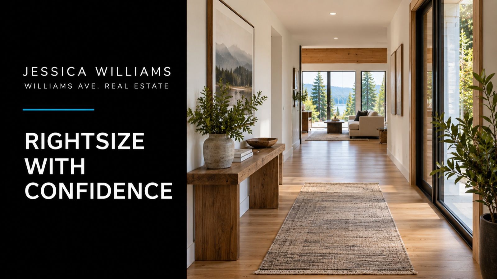 Conceptual illustration of airy single-level Northwest home interior with wide hallway and uncluttered furnishings; Rightsize With Confidence editorial cover.