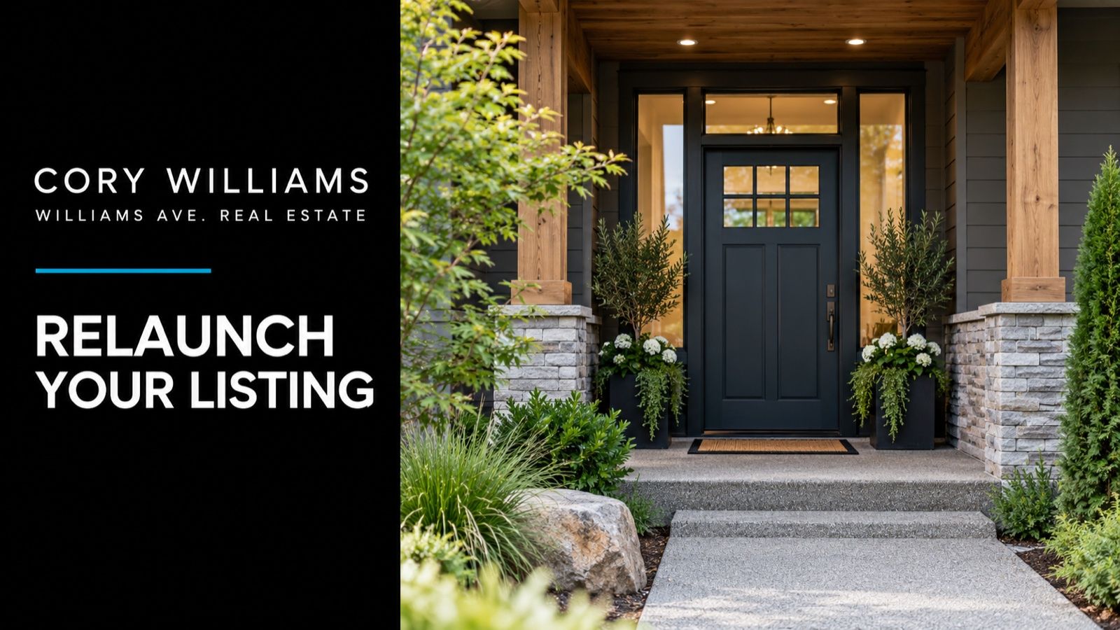 Conceptual illustration of freshly prepared Northwest home entrance with newly painted door and landscaping; Relaunch Your Listing editorial cover.