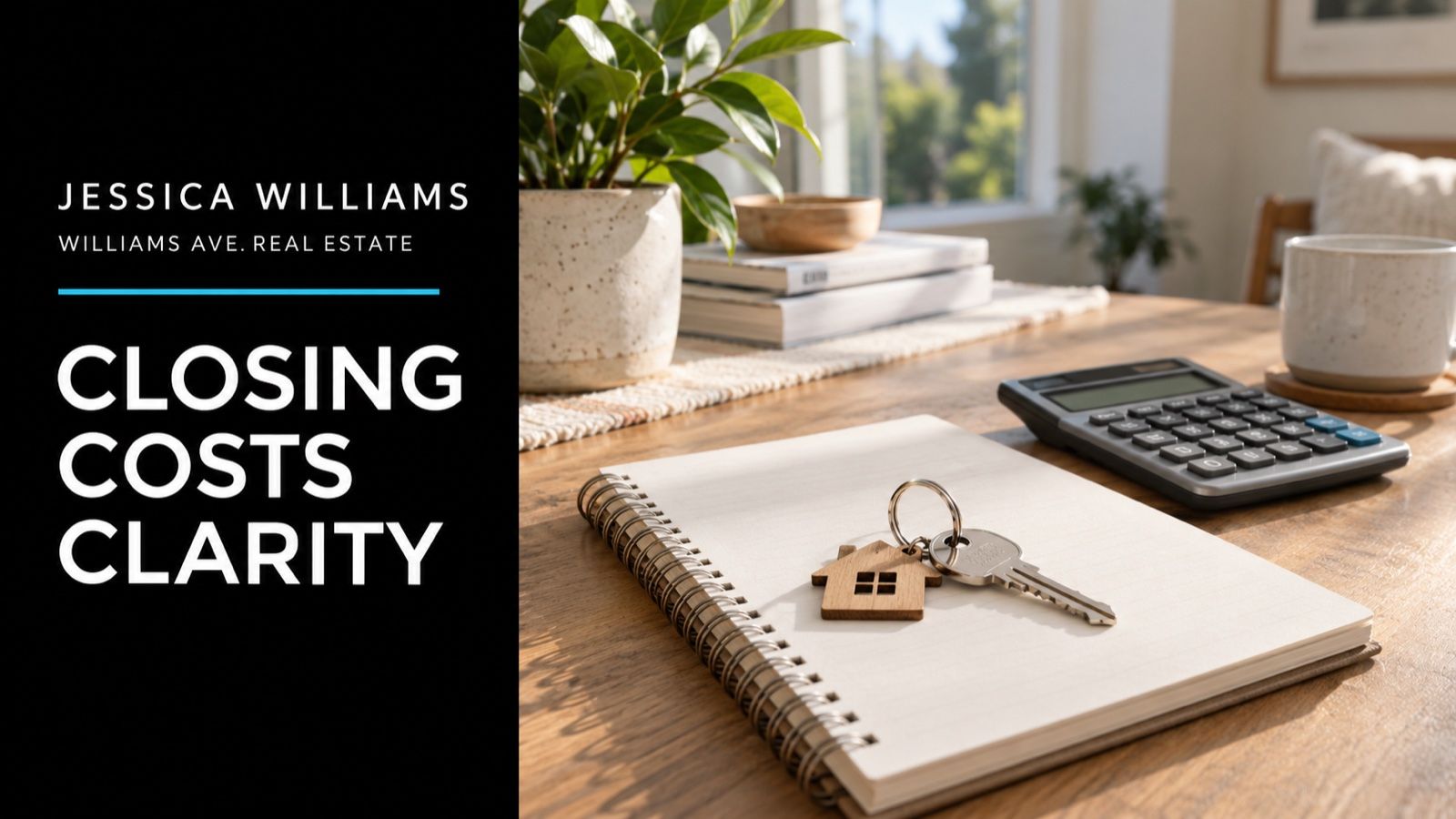 Conceptual illustration of house keys and a blank homebuying notebook beside calculator in a sunlit bright neutral room; Closing Costs Clarity editorial cover.