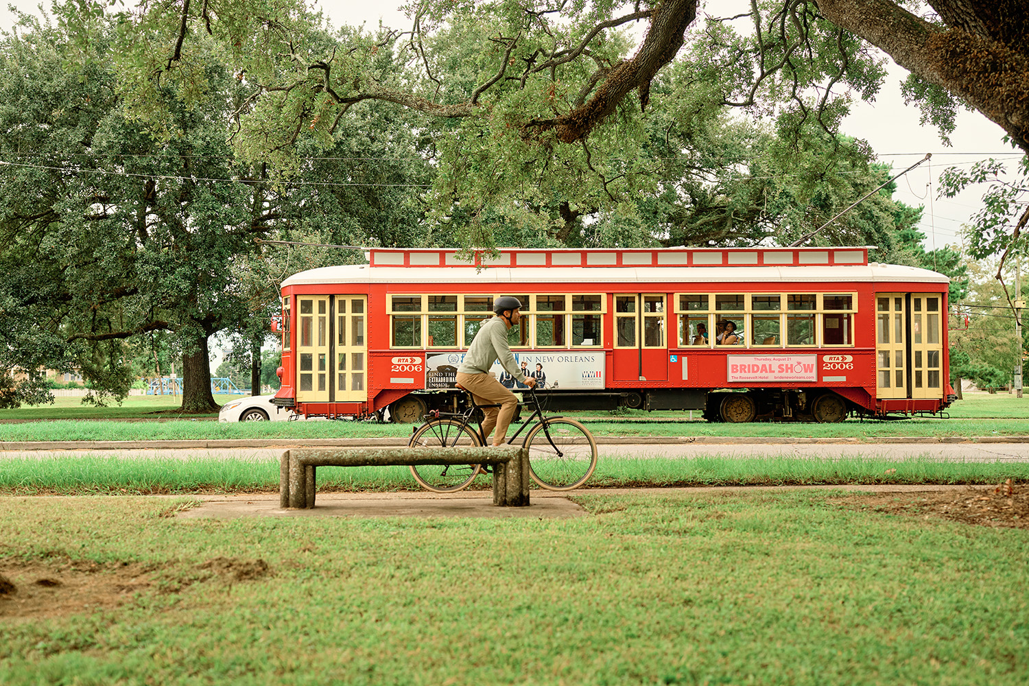 Red New Orleans streetcar