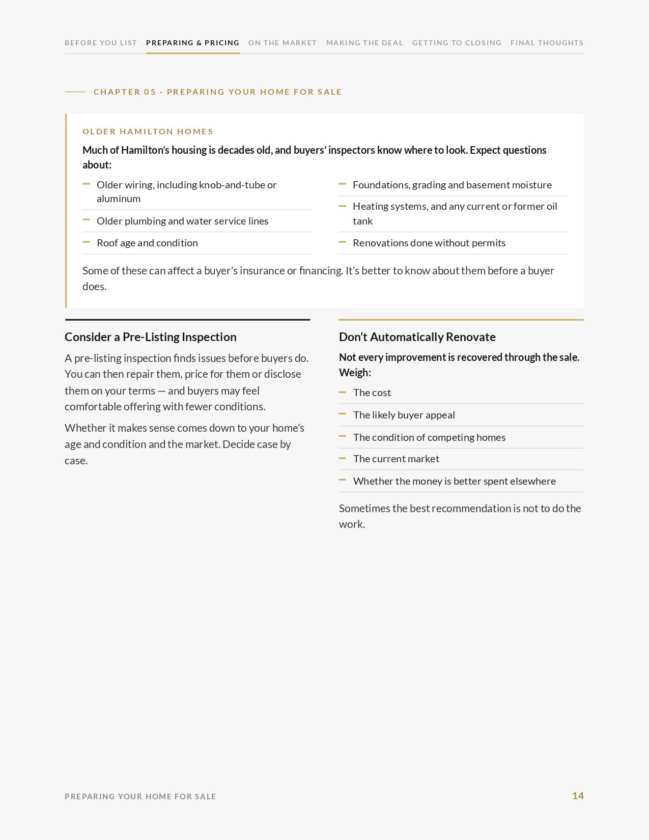 Older Hamilton homes and pre-listing inspection page from the guide