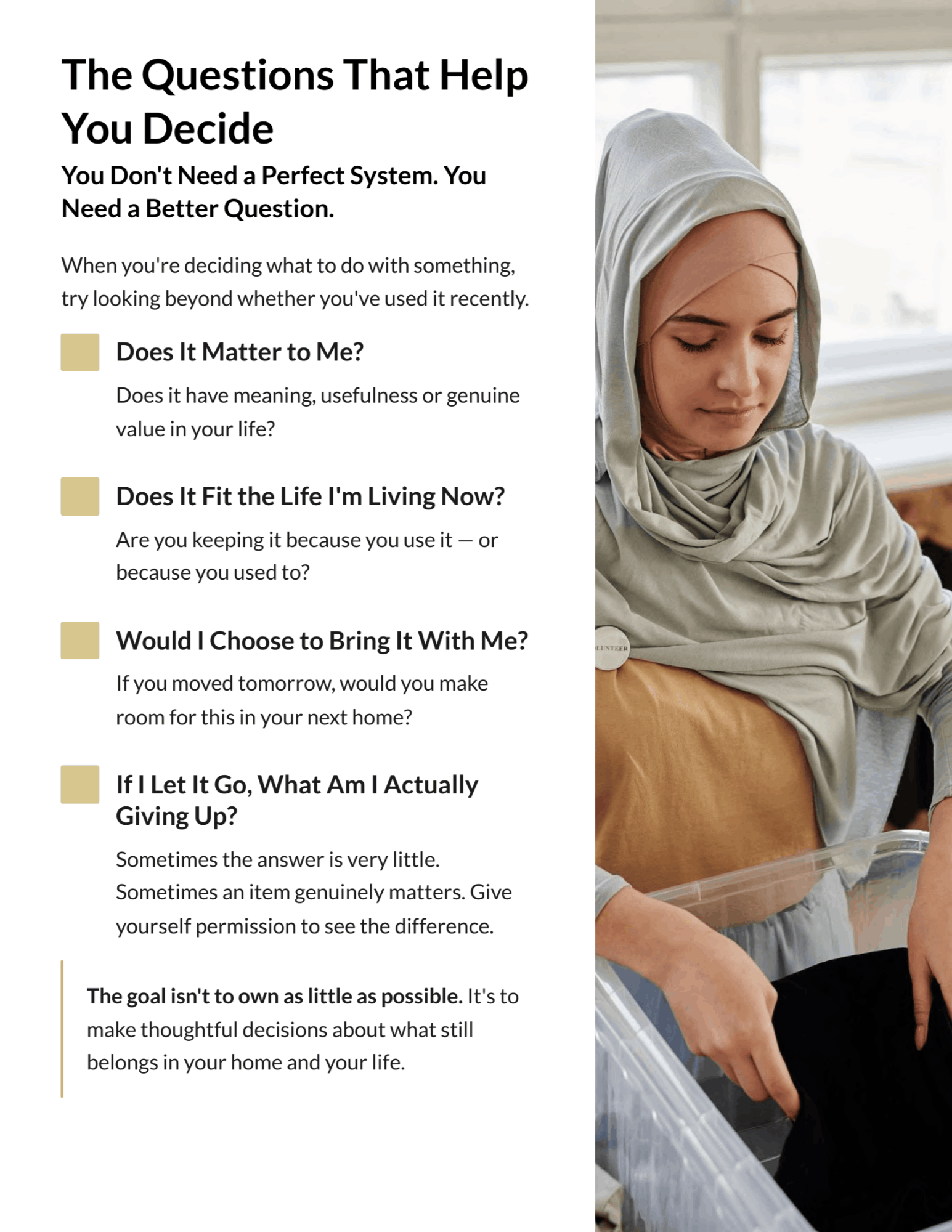 The Questions That Help You Decide page from the Decluttering Your Home guide