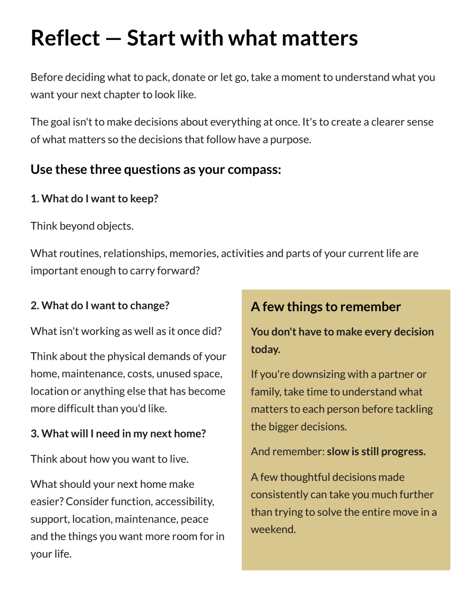 Reflect section from the Hamilton Downsizing Starter Guide