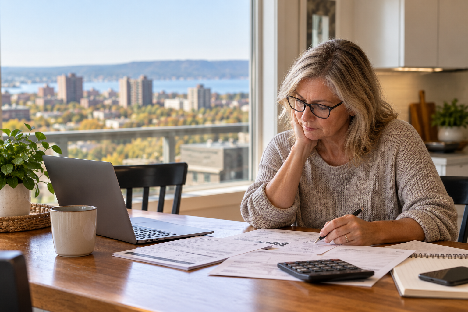 Woman reviewing home selling costs and paperwork
