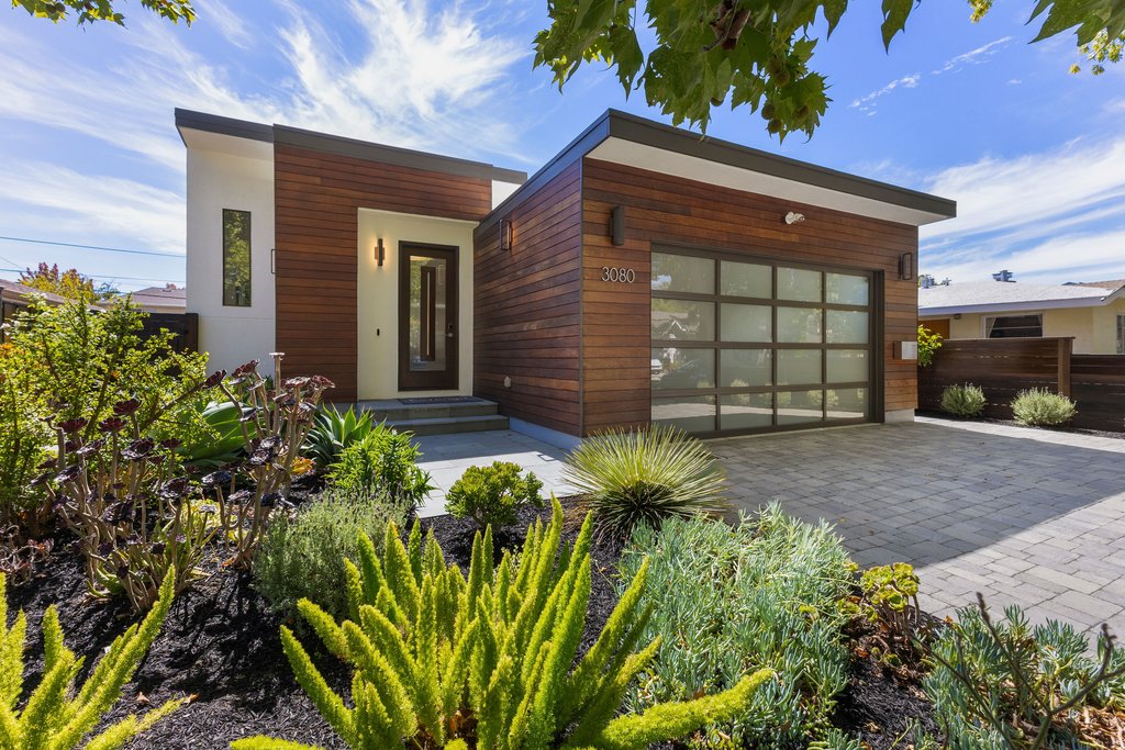 3080 South Ct in Palo Alto, a 2019 modern home with horizontal wood siding and a glass garage door
