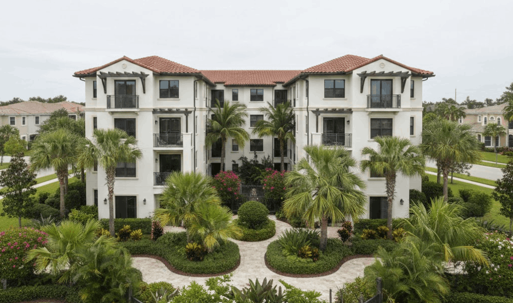 Modern lock-and-leave condo exterior in Dr. Phillips Florida with landscaped courtyard