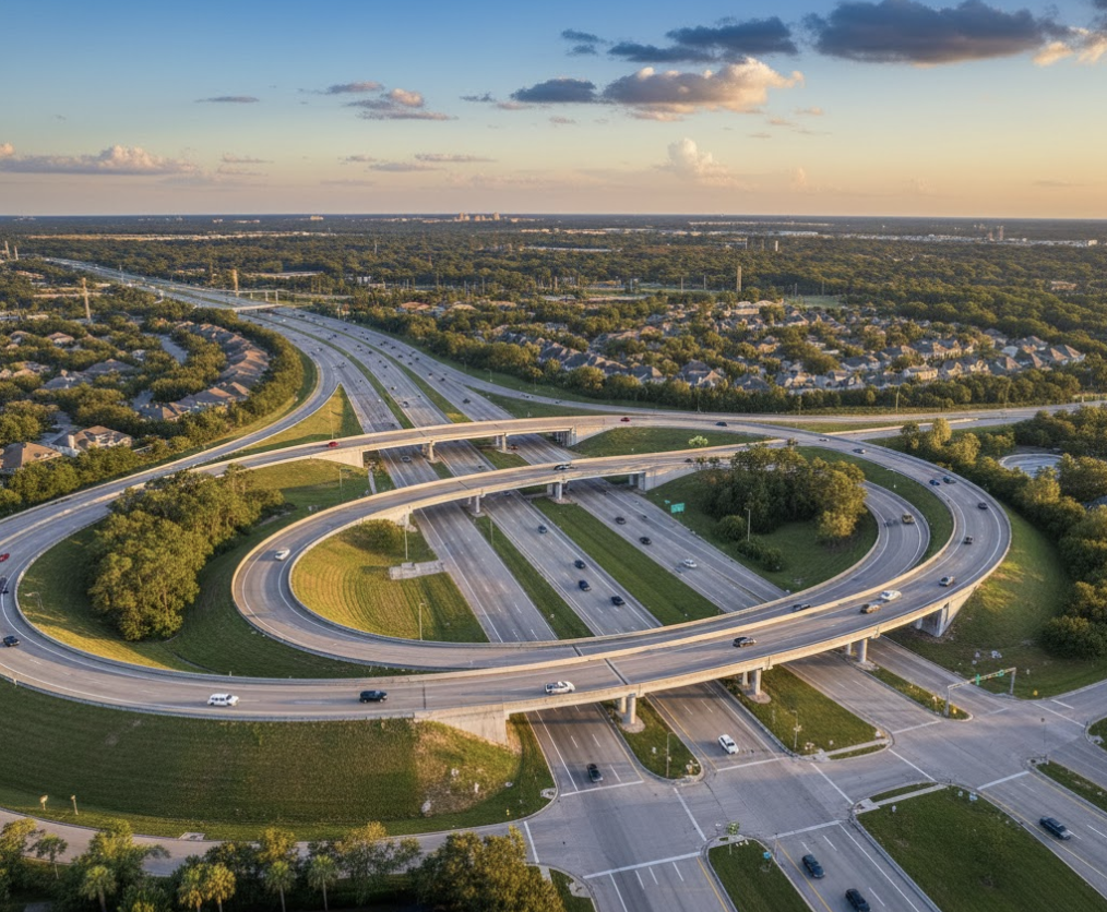 Aerial view of I-4 and Sand Lake Road interchange showing 2026 construction status