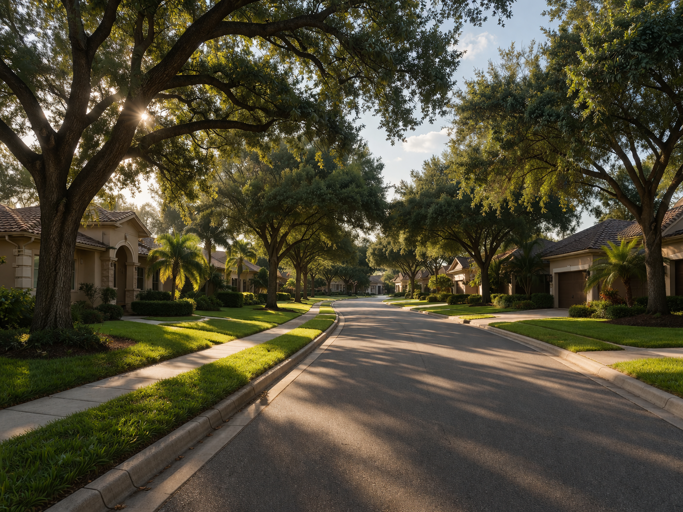 Quiet residential street in Dr. Phillips Orlando featuring high-end landscaping and gated security ideal for seasonal residents