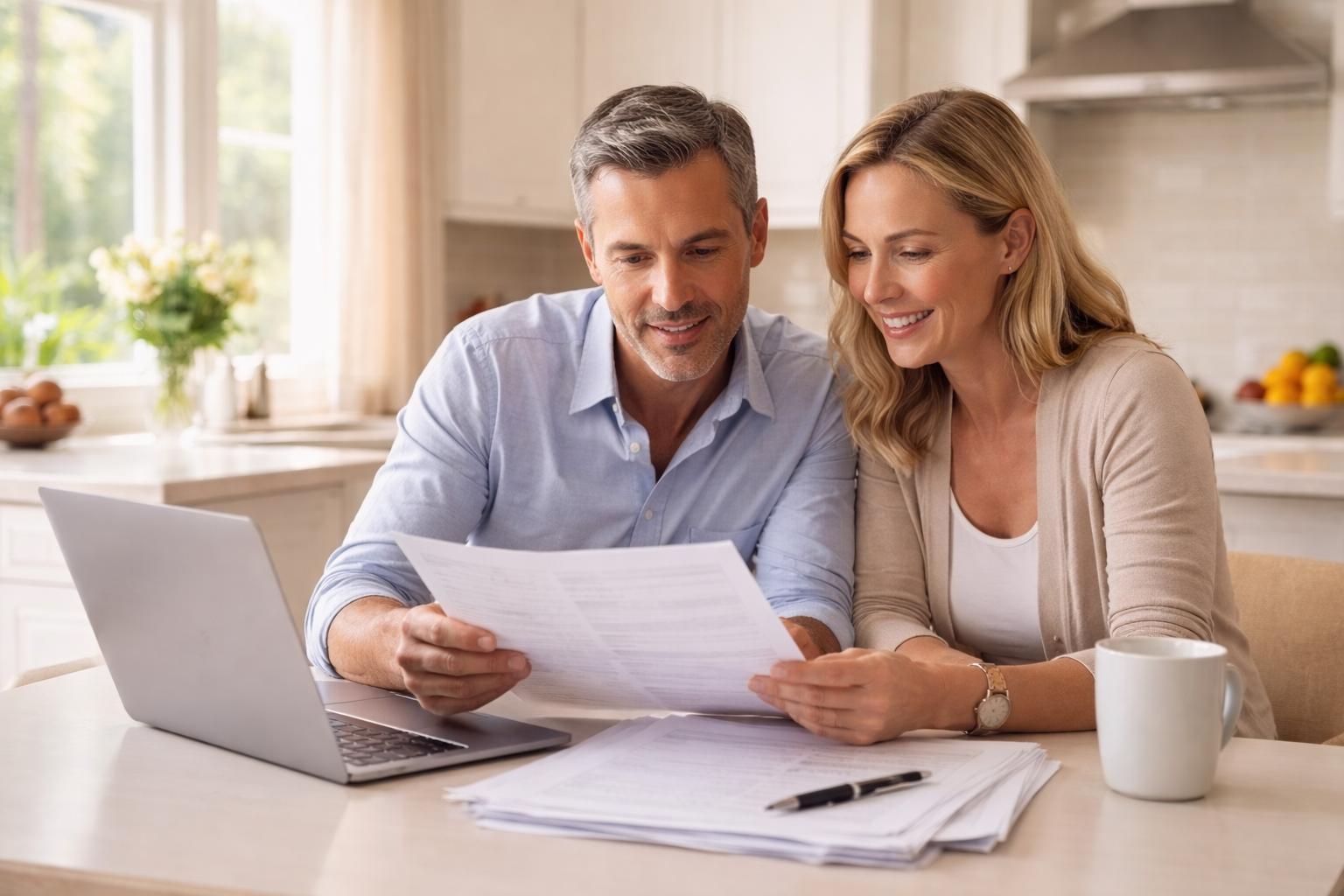 Couple reviewing financial documents at a kitchen table while planning an Orlando home sale timeline