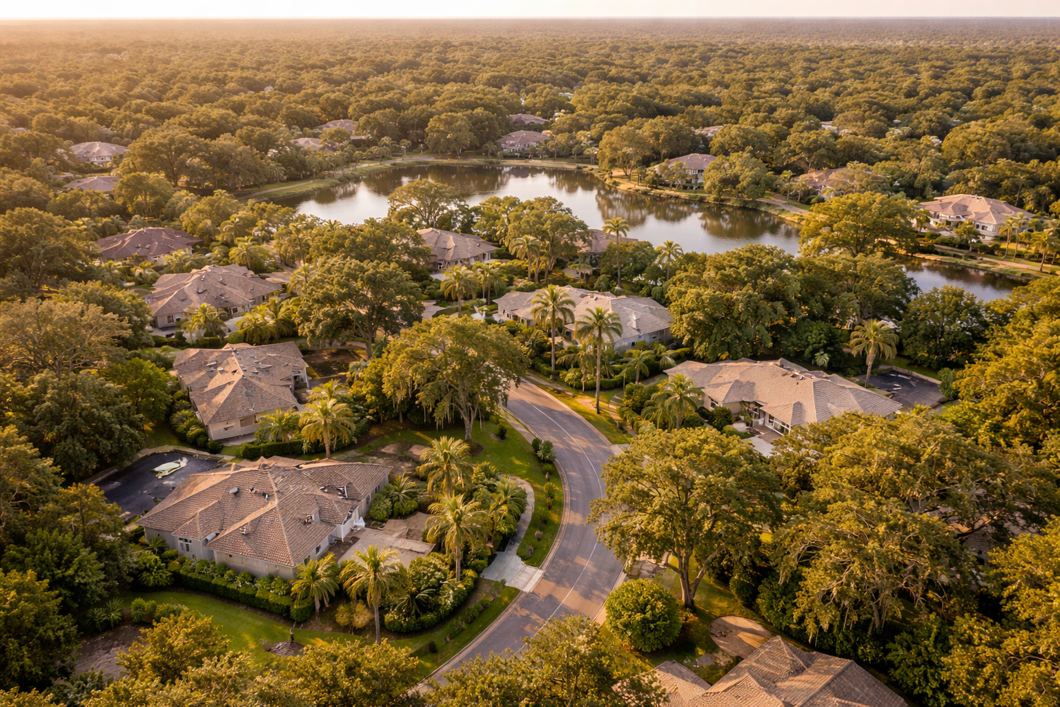 Orlando Florida luxury neighborhood aerial view showing Winter Park lakefront homes and tree canopy near Park Avenue