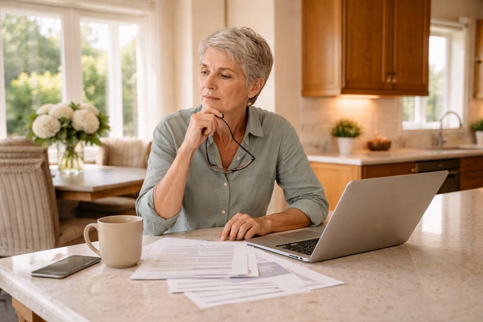 Homeowner reviewing financial documents and laptop at kitchen table in large Orlando home