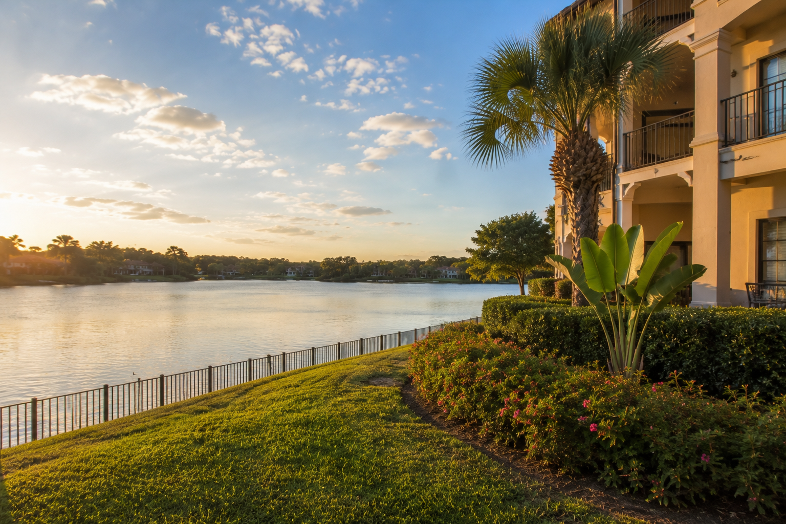 Lakefront view from Vizcaya condominium community, Dr. Phillips Boulevard, Orlando, Florida, late afternoon light