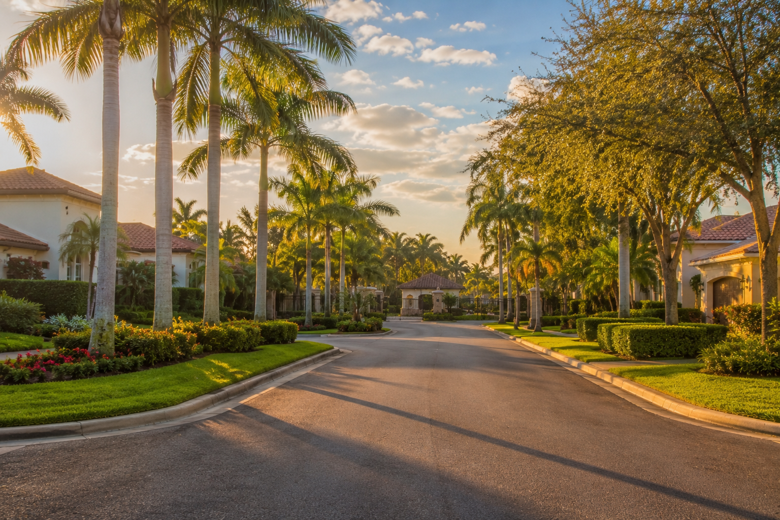 Tree-lined residential street in Phillips Landing gated community, Dr. Phillips, Orange County, Florida, golden hour