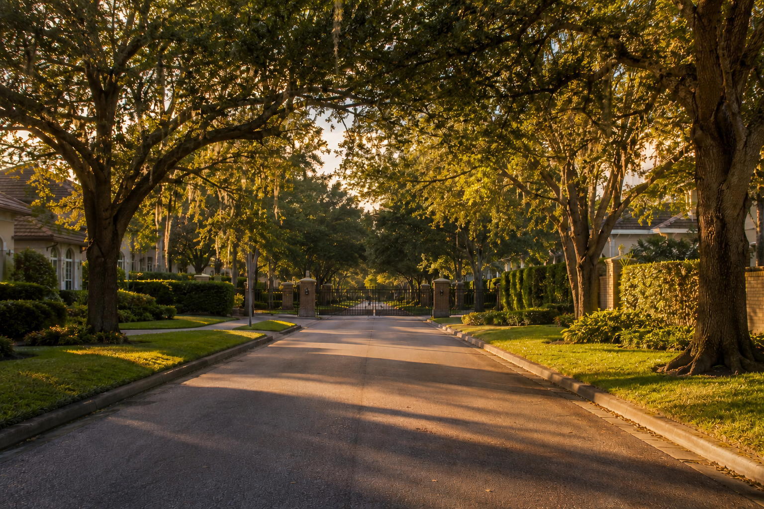 Tree-lined residential street in Dr. Phillips Orlando Florida gated community entrance at golden hour