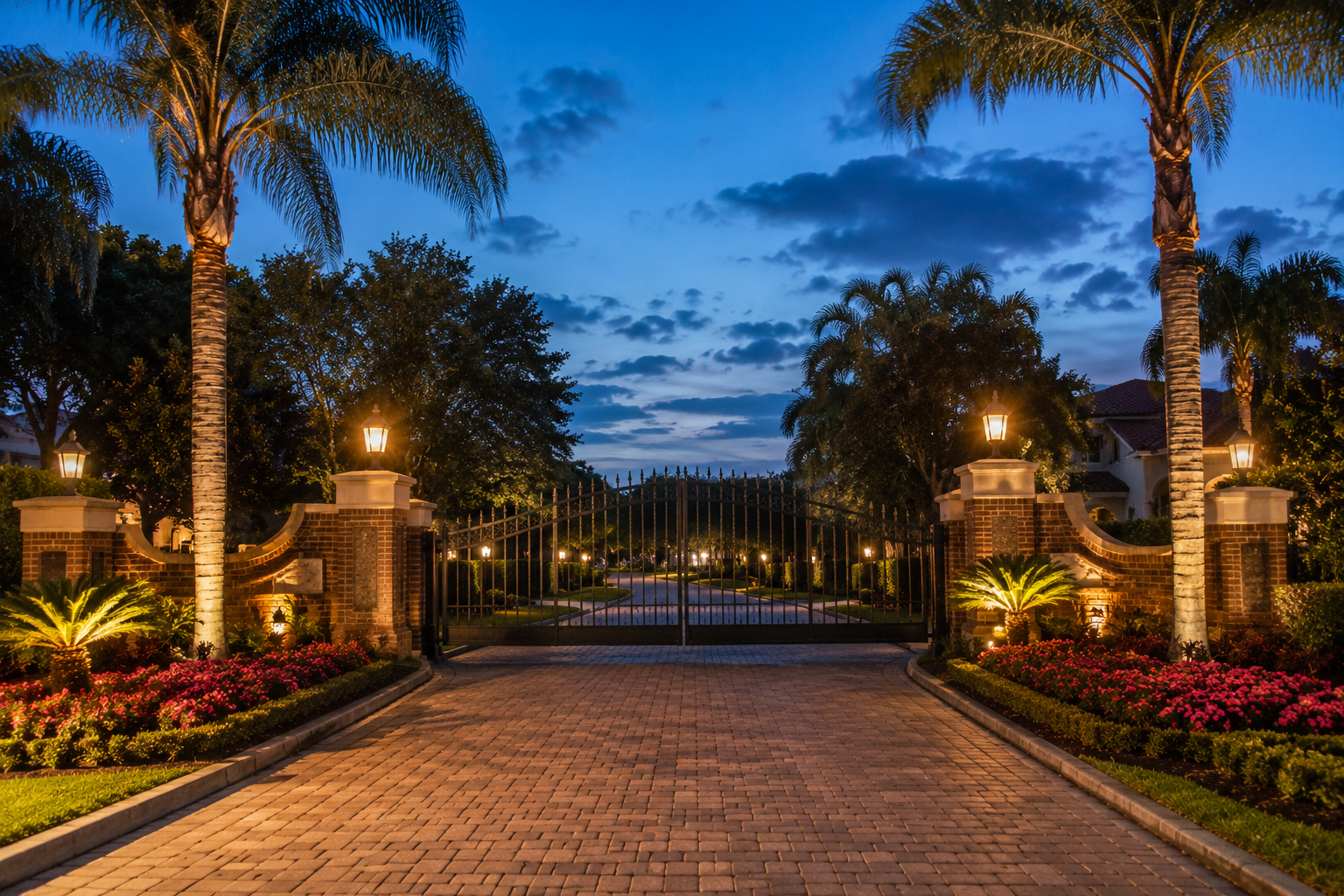 Gated community entrance in Windermere Florida with brick columns and tropical landscaping at dusk