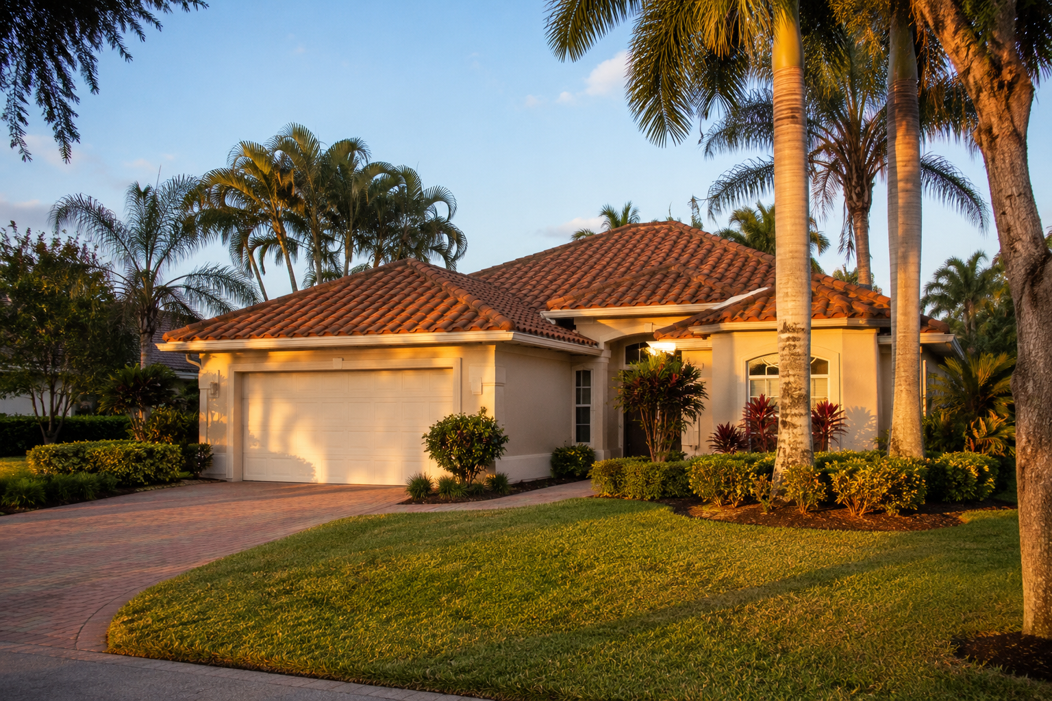 Orlando Florida single-family home with tile roof and tropical landscaping in afternoon light