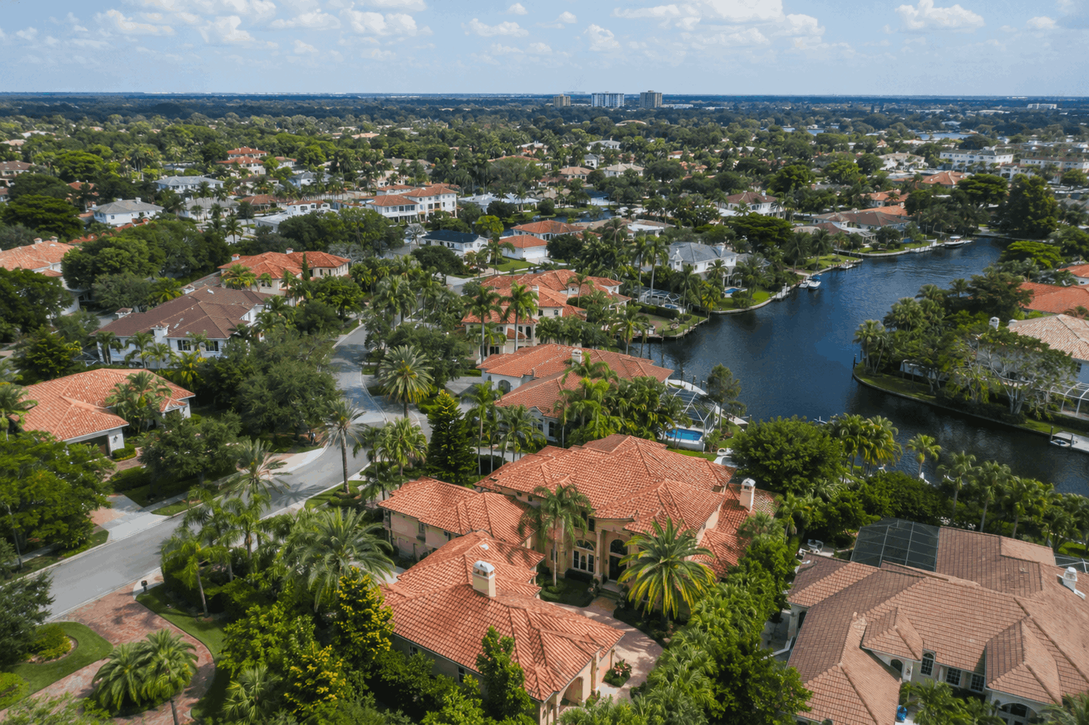 Aerial view of Dr. Phillips neighborhood Orlando FL with tree-lined residential streets and canal waterways