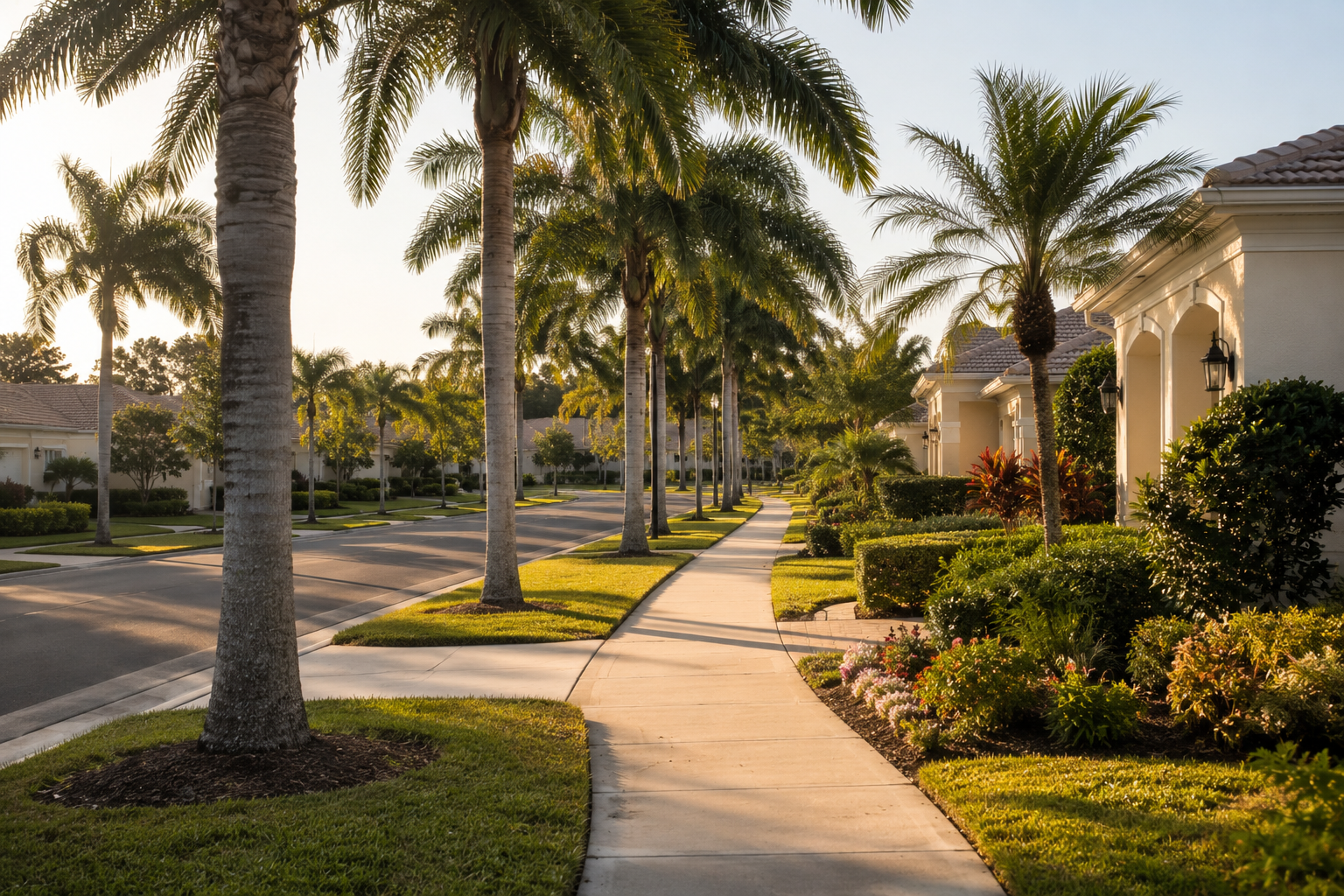 Quiet street view inside a 55+ active adult community near Windermere Florida, mature palm trees, late afternoon light