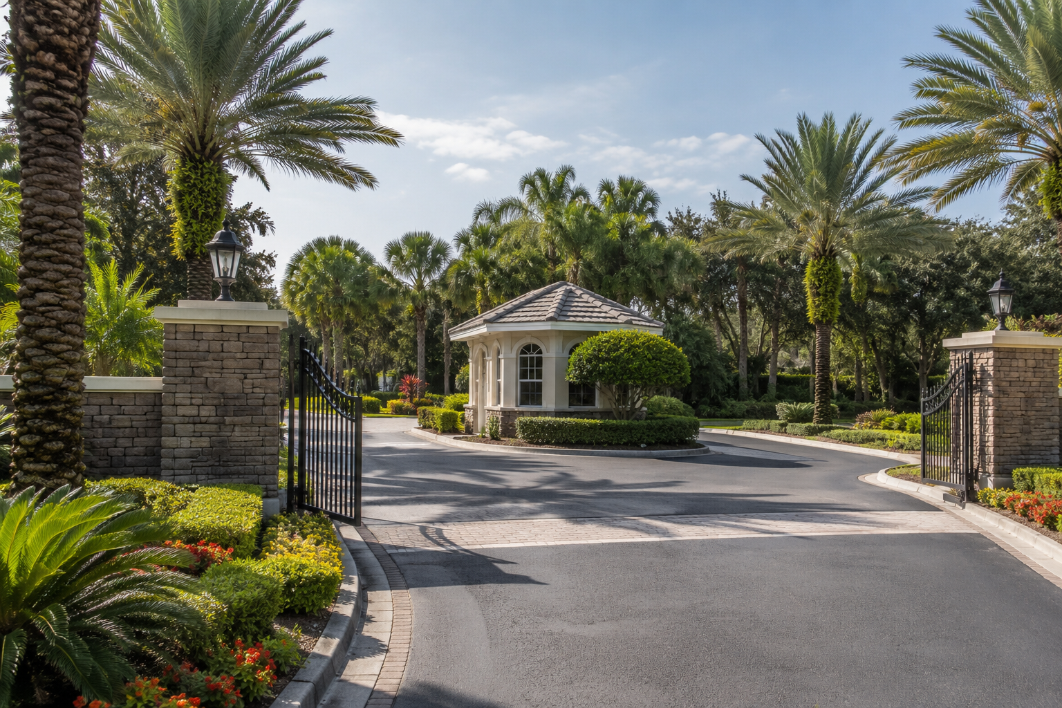 Guard-gated entrance to a luxury Windermere, Florida community on the Butler Chain of Lakes, mid-morning light