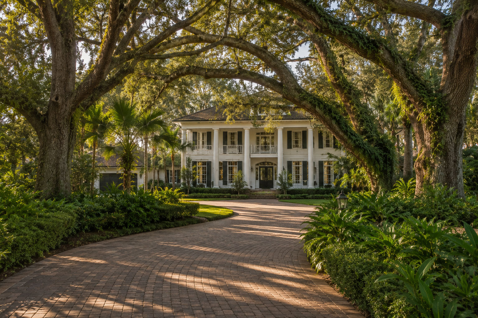 Lakefront estate driveway with mature oak canopy, Dr. Phillips neighborhood Orlando Florida, late afternoon light