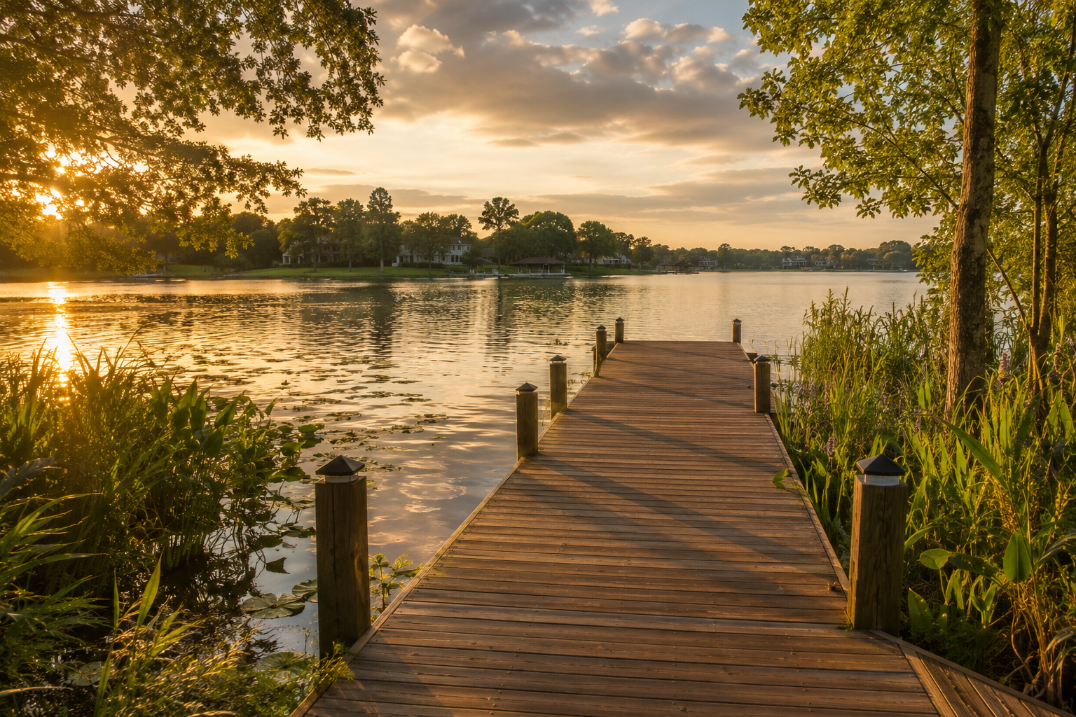Butler Chain of Lakes shoreline with private dock at golden hour, Windermere Florida