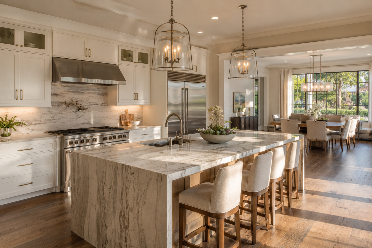Bright, open-plan kitchen in a Doctor Phillips, Florida luxury home with natural stone countertops, afternoon sunlight