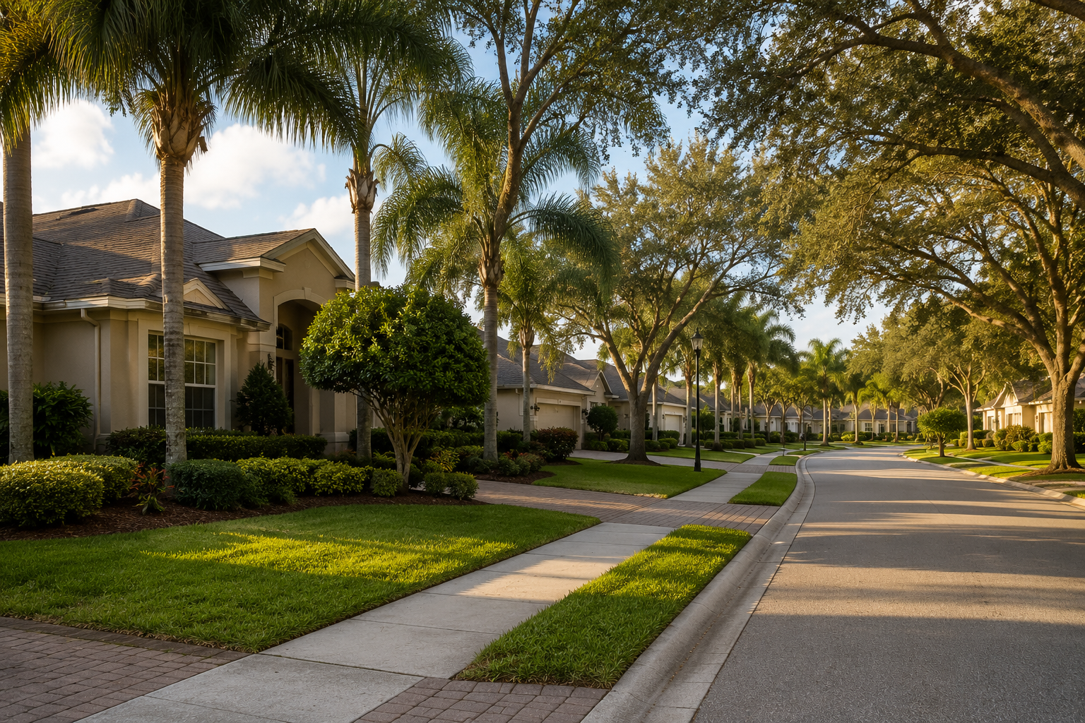 Quiet residential street in an Orlando HOA community with palm trees and well-maintained homes