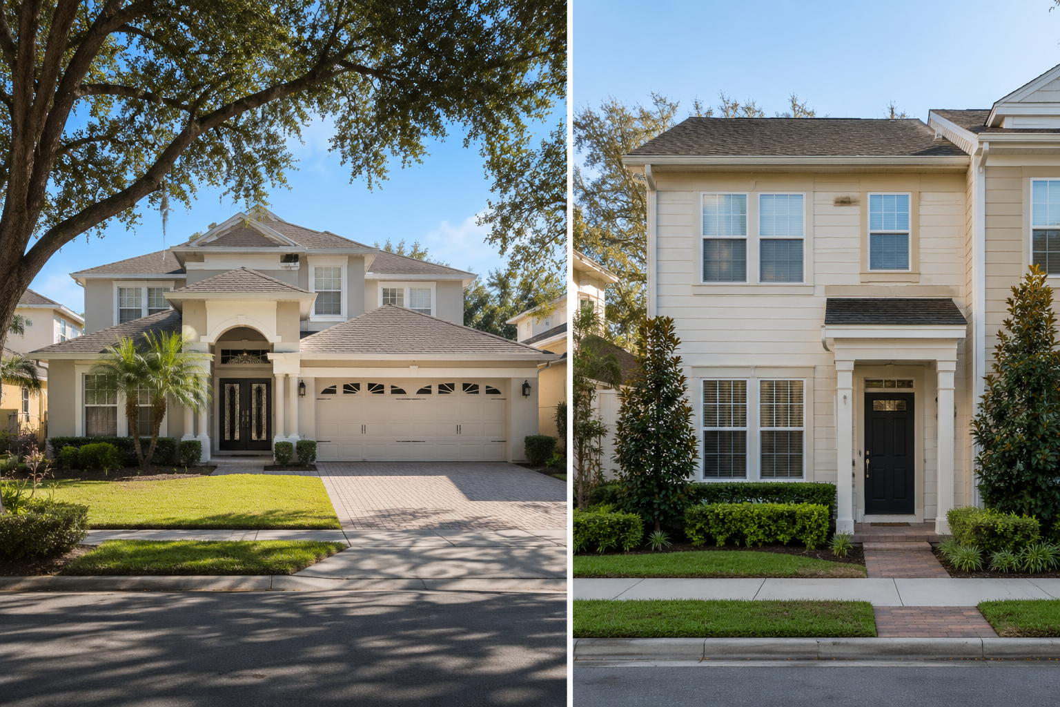 Side-by-side comparison of single-family home and townhome in Orlando Florida for downsizing decision