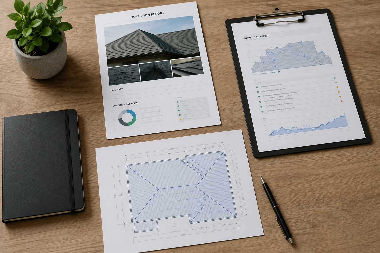 Flat-lay of Florida four-point roof inspection documents and wind mitigation report on a desk