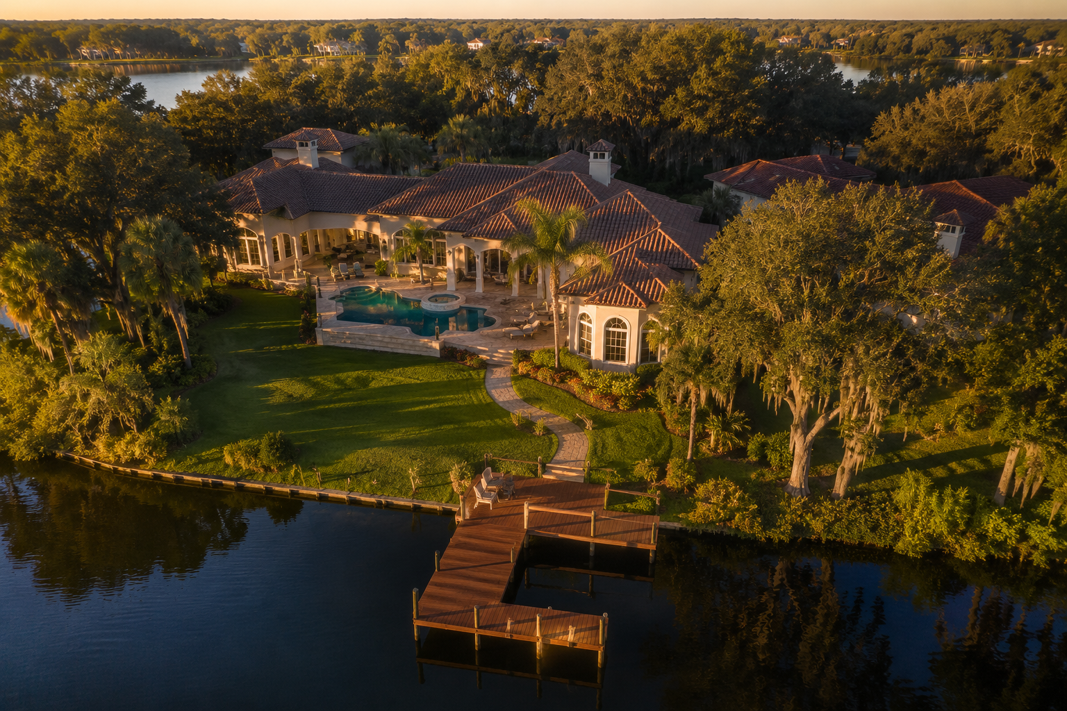 Aerial view of Butler Chain of Lakes luxury estate waterfront homes in Windermere Florida at golden hour