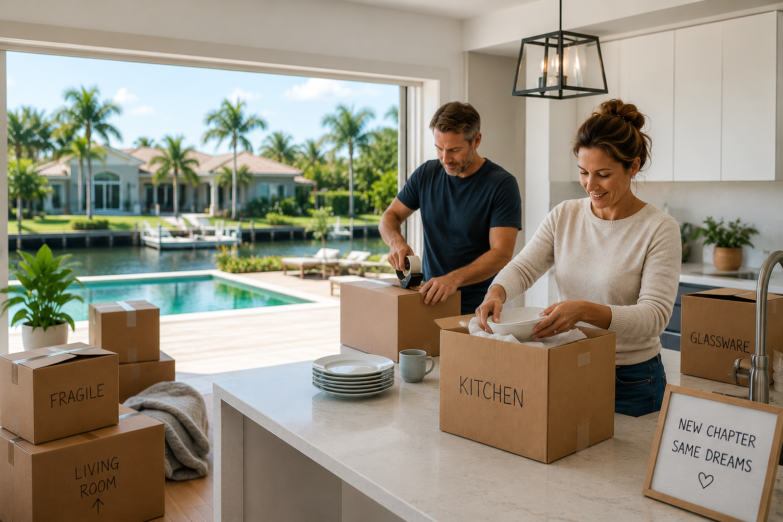 Dr. Phillips Couple Packing boxes in kitchen with pool in background