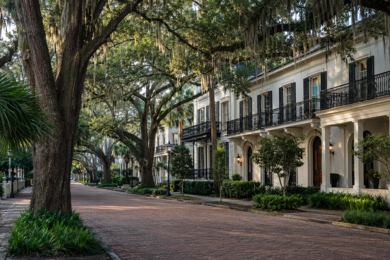 Park Avenue walkable luxury townhome streetscape in Winter Park Florida, morning light, no people