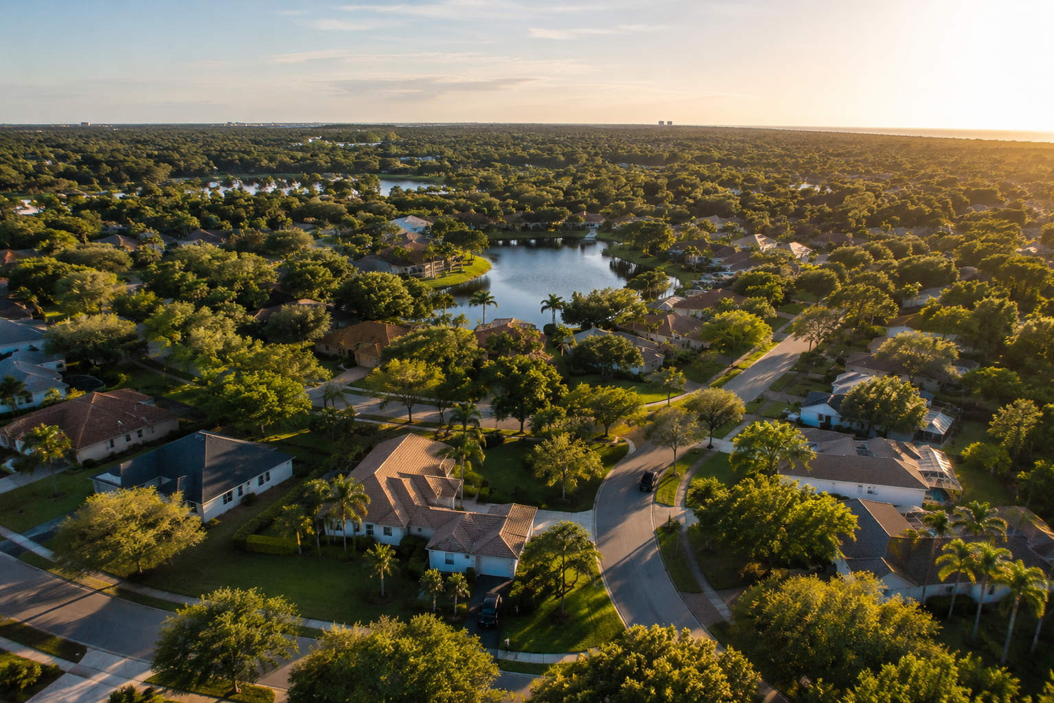 Aerial view of residential neighborhoods in unincorporated Orange County, Florida, showing single-family homes near the SR-408 corridor at golden hour