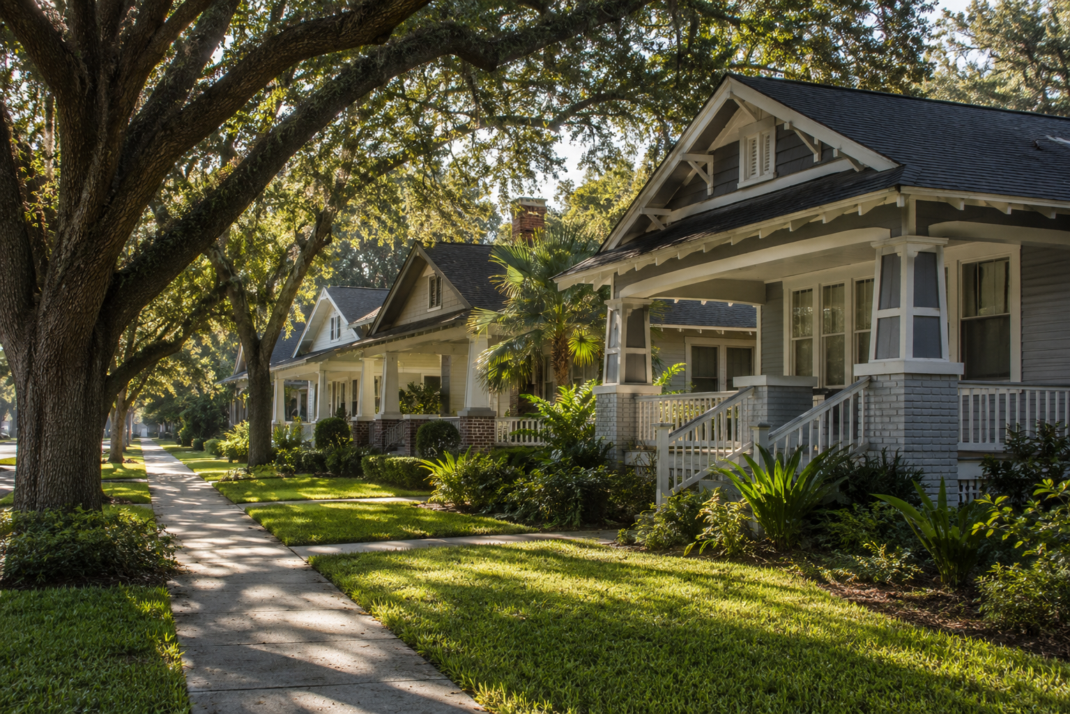 Quiet residential street in Baldwin Park, Orlando, Florida, showing mature tree canopy over single-family homes on a clear morning