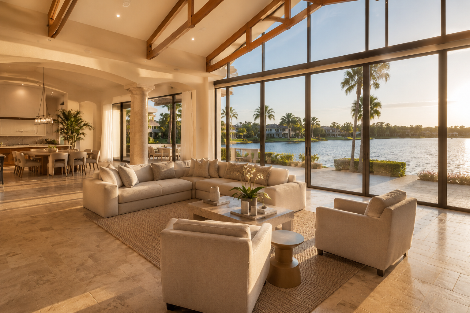 Interior of a luxury home in Bay Hill Orlando showing open-plan living room with natural light and lake views, late afternoon