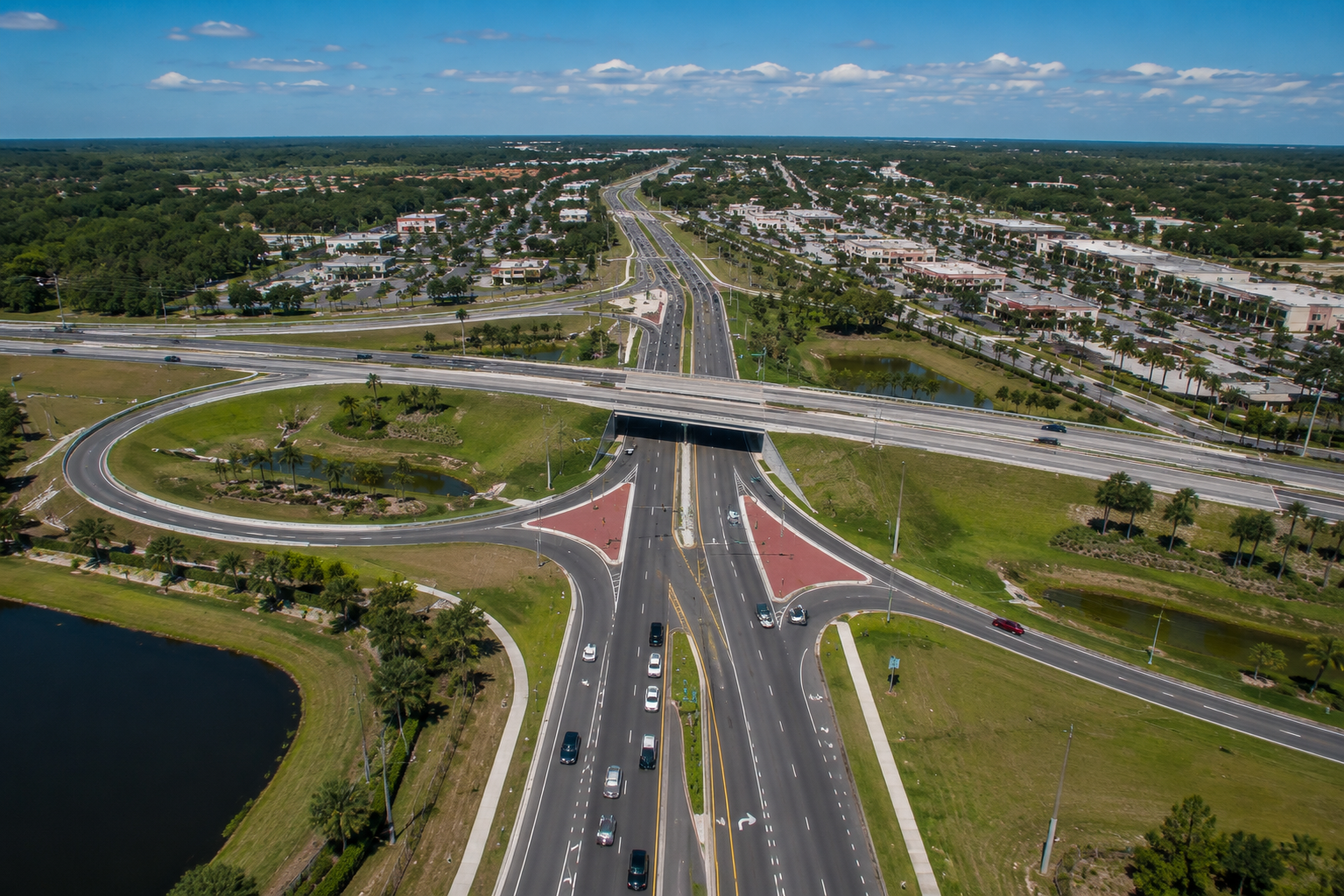 Sand Lake Road and I-4 interchange in Orlando Florida showing the new diverging diamond interchange construction aerial