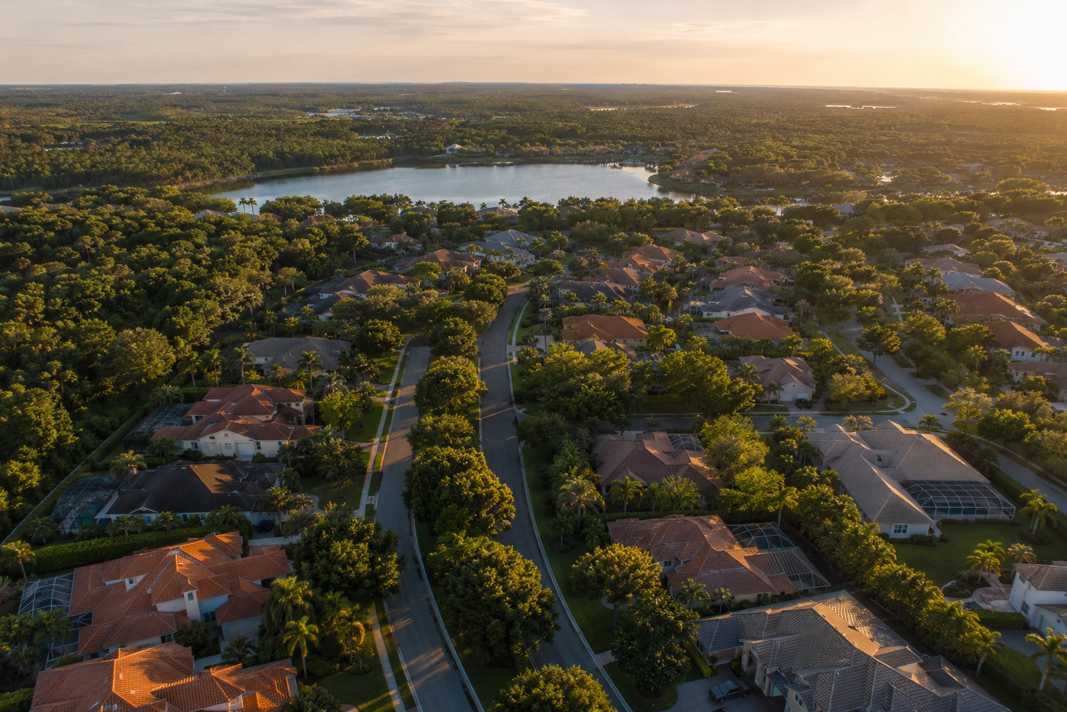 Dr. Phillips Orlando neighborhood aerial view at golden hour showing residential streets near Turkey Lake Road