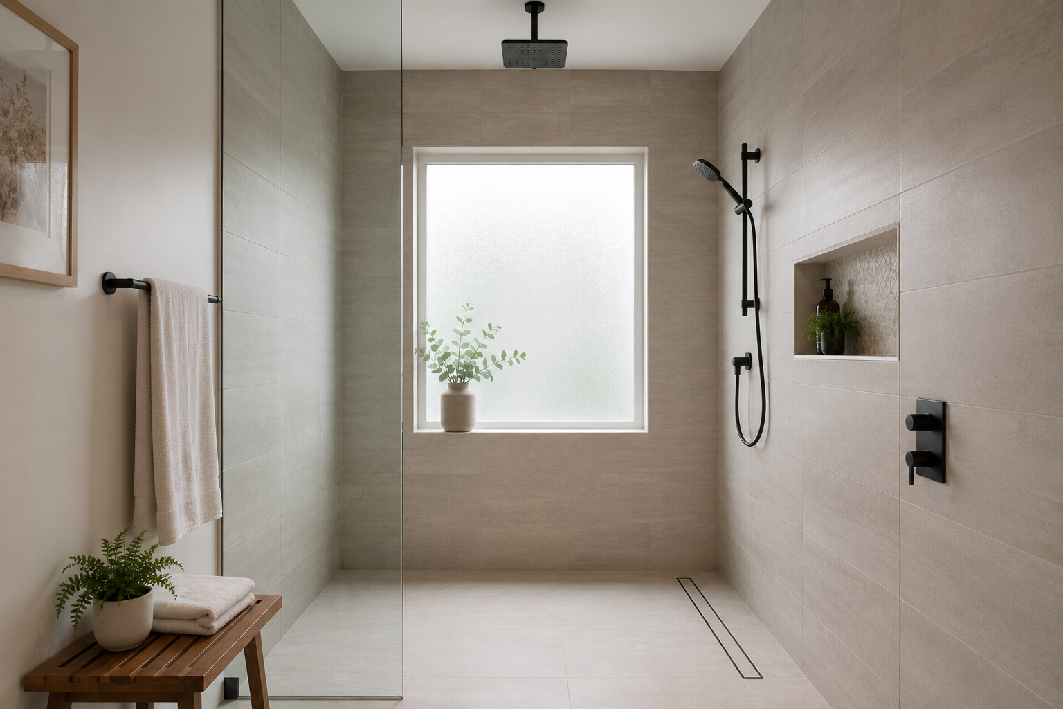 Curbless walk-in shower with linear drain in Southwest Orlando bathroom remodel