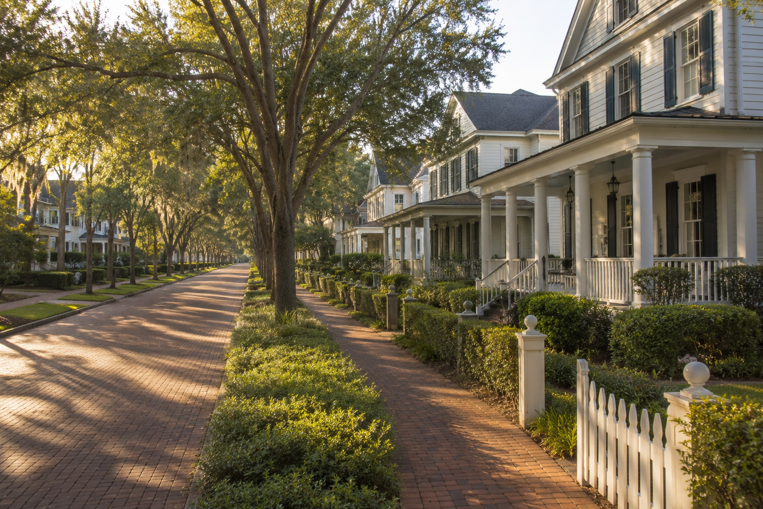 Historic brick street lined with oak trees in Winter Park Florida