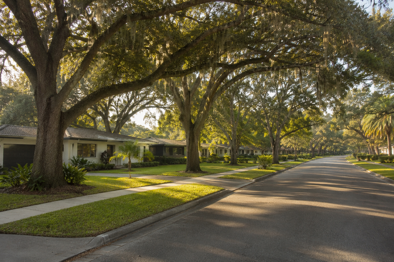 Tree-lined residential street in Maitland Florida near Winter Park Chain of Lakes