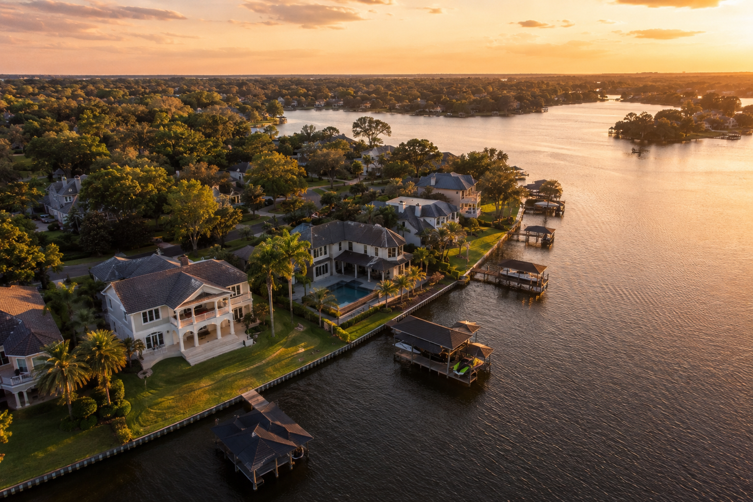 Aerial view of Dr. Phillips waterfront homes near the Butler Chain of Lakes, Orlando FL
