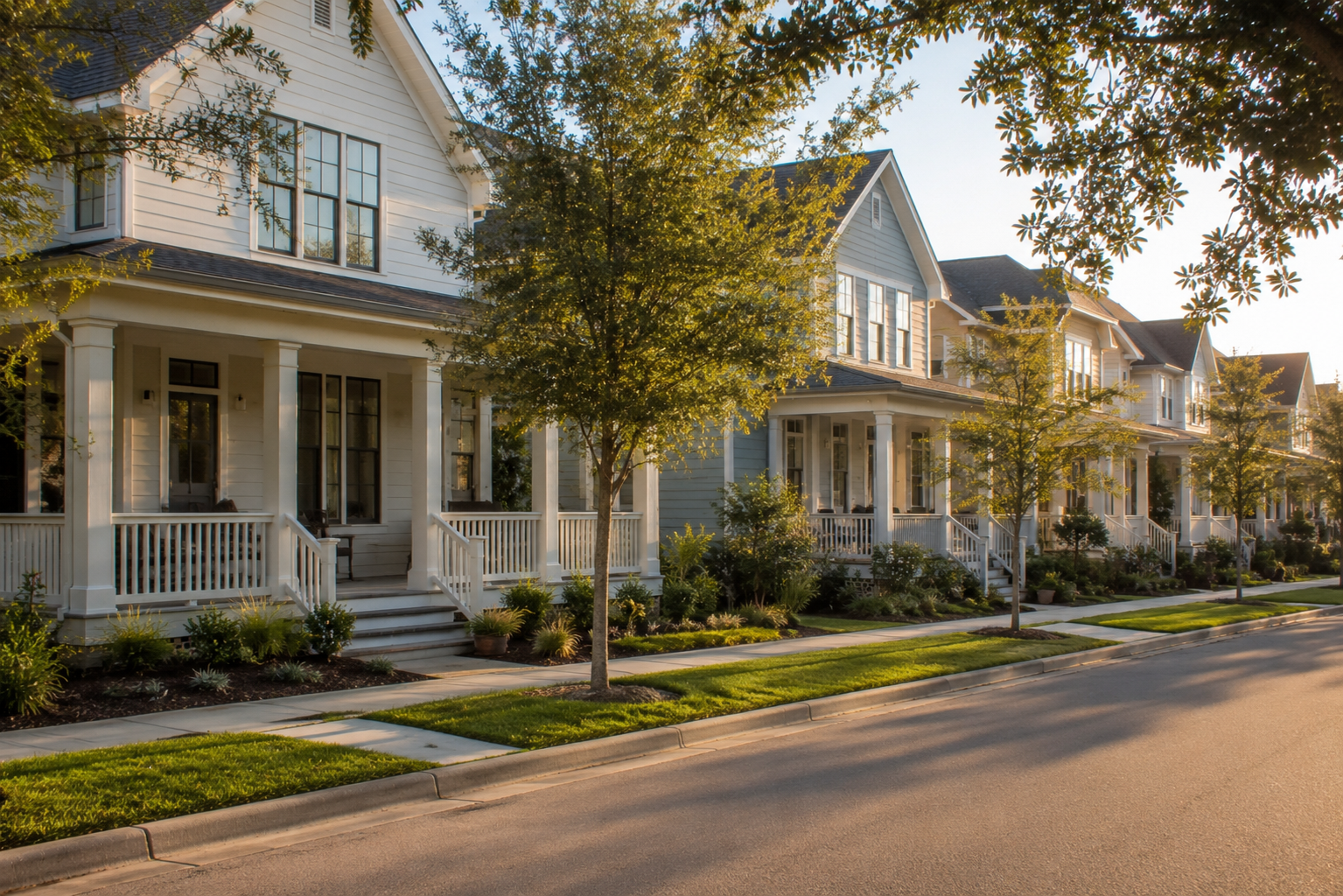 New construction homes along a tree-lined street in Laureate Park Lake Nona Orlando