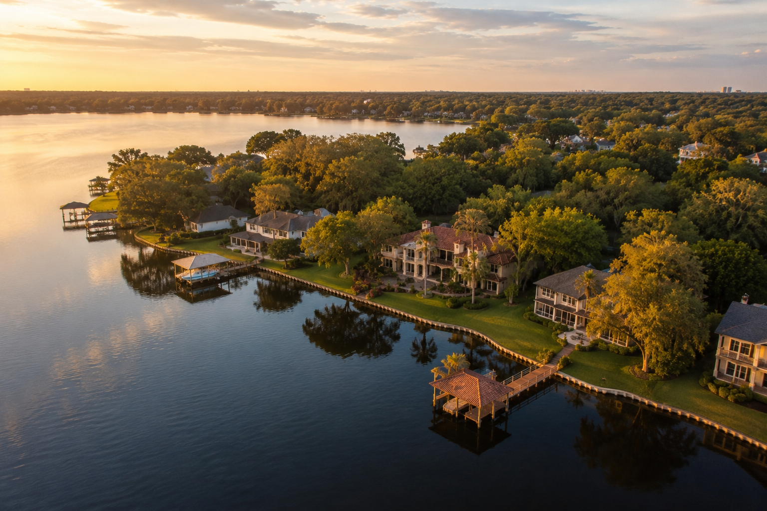 Aerial view of Doctor Phillips lakefront homes near Restaurant Row Orlando FL