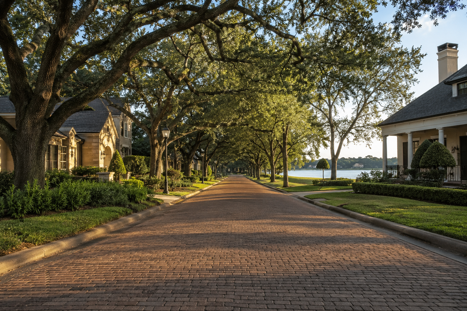 Winter Park FL 32789 brick-paved street with lakefront homes