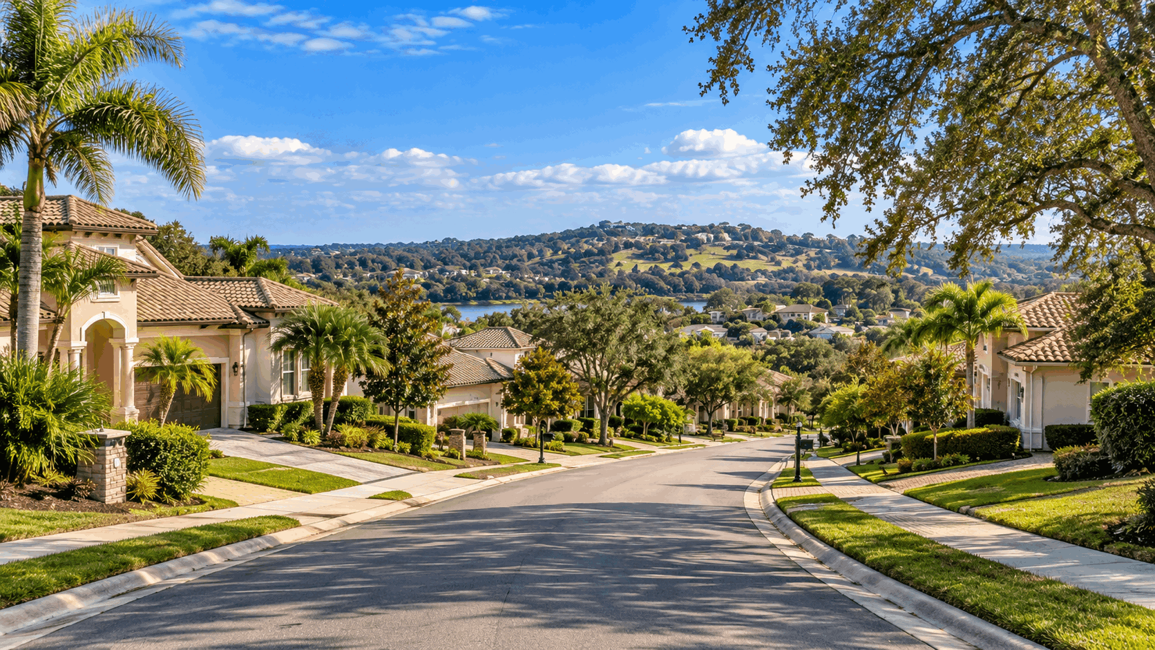Residential street in Clermont, Florida with single-family homes and rolling hills in the background