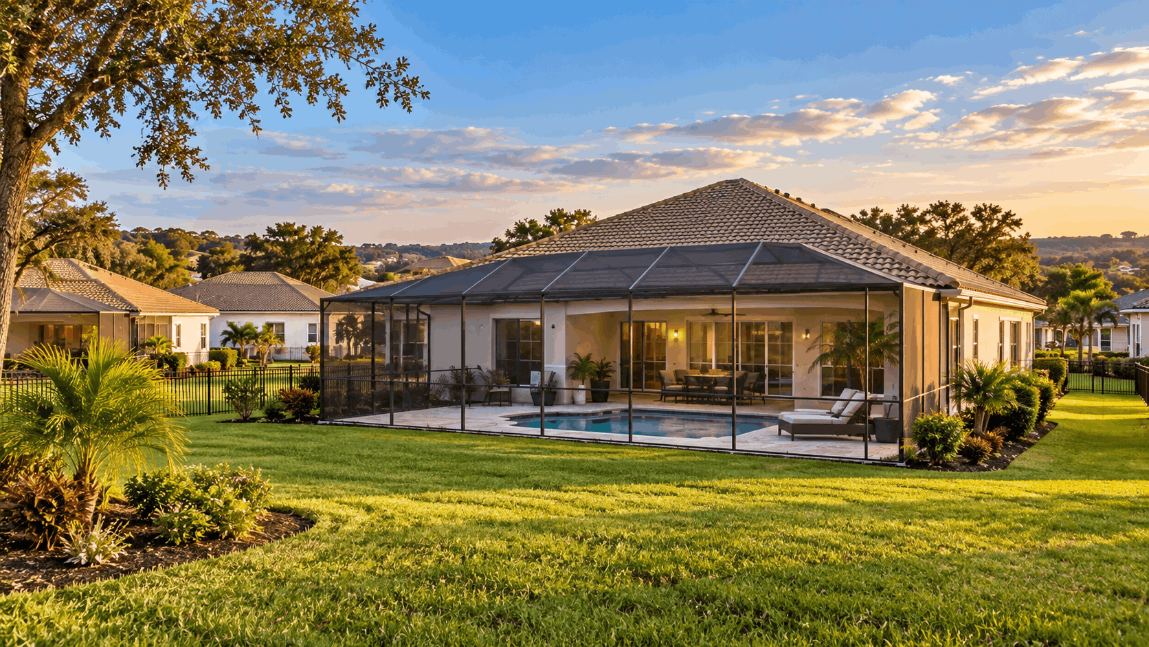 Modern single-family home in a Clermont, Florida subdivision with a large backyard and screened pool