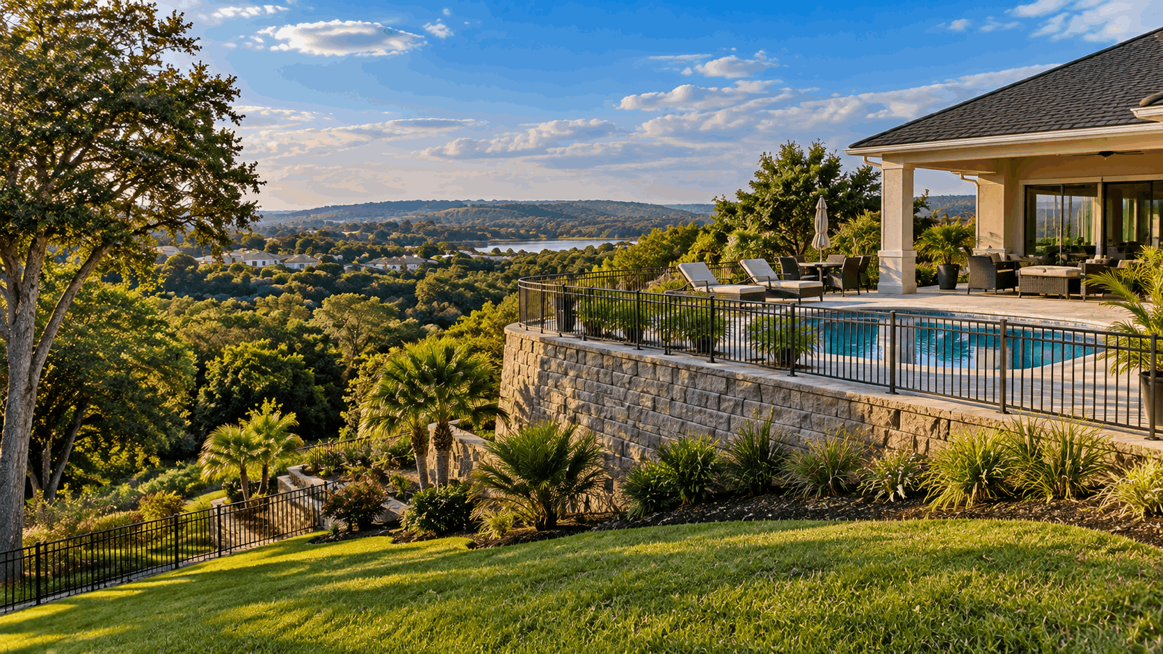 Sloped backyard with a retaining wall and swimming pool on a hillside lot in Clermont, Florida